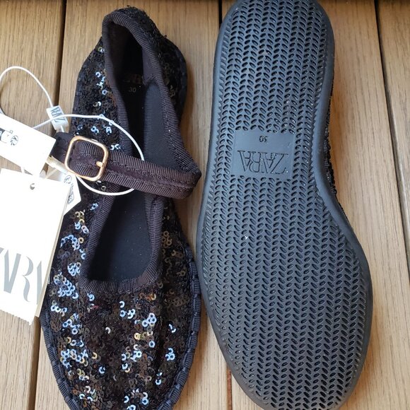 BNWT ZARA Mary Jane sequin jet black flats (30 - US 12 1/2) - Picture 6 of 9